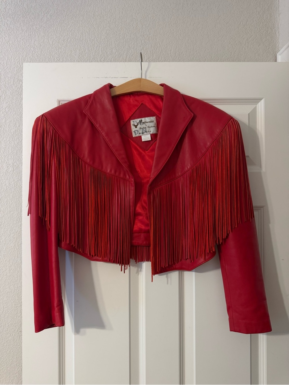 Continental Leather Fashions Red Leather Cropped Fringed Jacket Size Small